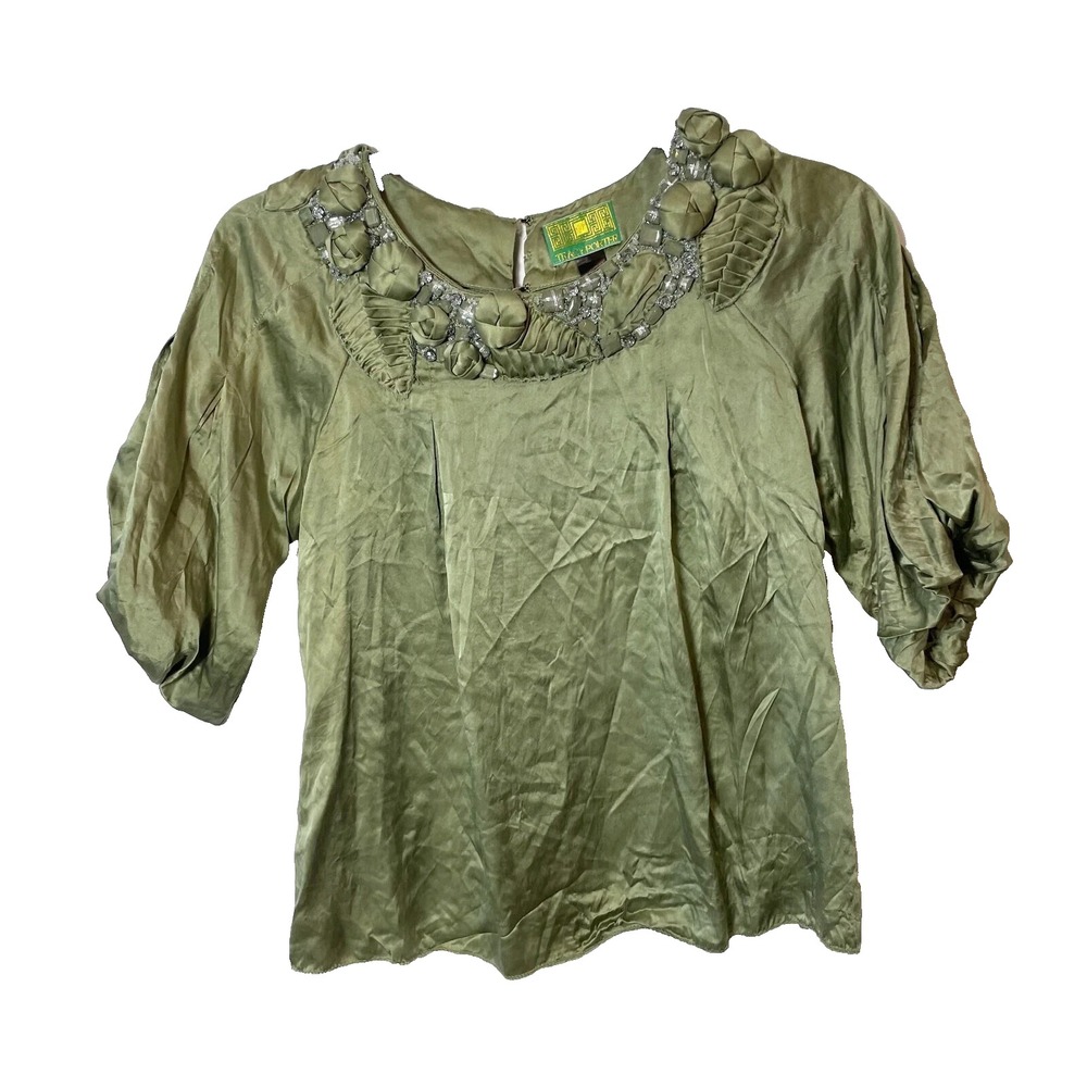 Tracy‎ Porter 3/4 Puff Sleeve Jeweled Neck Blouse Womens 4-6 Green Pleated Satin